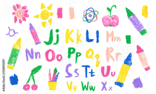 Set of illustrations for the day of knowledge drawn with wax crayons. A collection of children's images in doodle style with oil pastels. Designs for stickers, posters, postcards.