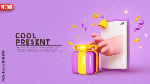 Hand from mobile phone screen reaches for gift box. From Smartphone screen hand takes gift. Business concept creative ideas realistic 3d design. Soft purple color. Holiday present. Vector illustration