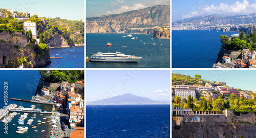 Collage of Italy. Panoramic view of Sorrento on the summer day.