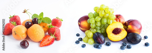 Banner. Closeup on fruit and berry on the white background.
