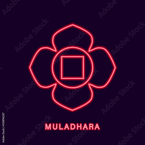 Red neon muladhara chakra. Glowing symbol of abode of kundalini shakti. Mulakanada of gaining happiness and freedom from vector diseases
