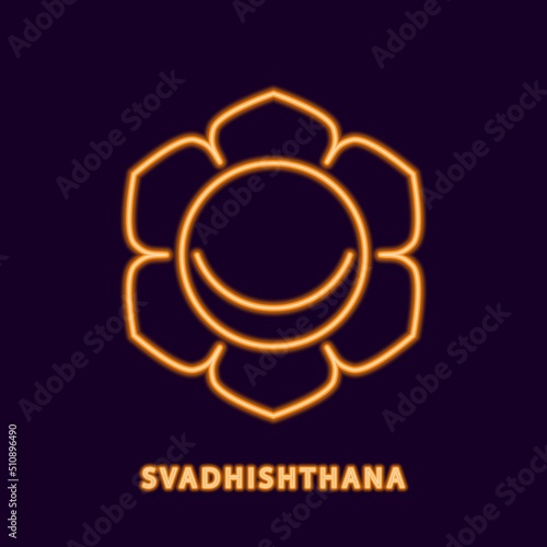 Yellow glowing svadhishthana chakra. Neon golden symbol of andhistana as liberation from all diseases and selfishness. Shatpatra of assimilation to vector brahman