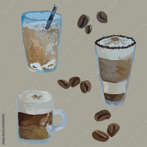 watercolor illustration of cups of glasses with coffee, latte, cappuccino, drinks with tubes of ice foam, coffee beans brown