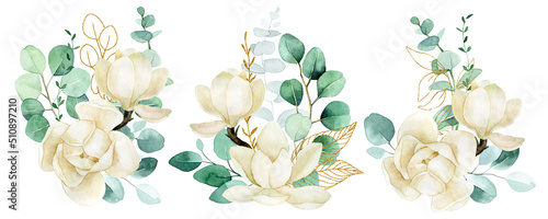 watercolor drawing. set of bouquets with white magnolia flowers and eucalyptus leaves and golden leaves and splashes