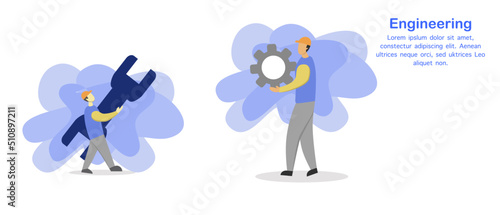 flat design two people holding a wrench and gear.
This design is used for posters, contractor workers, technicians, mechanics, engineers, factory workers, and industry.