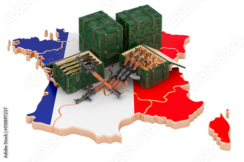 French map with weapons. Military supplies in France, concept. 3D rendering