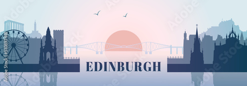 Edinburgh Skyline silhouette with landmarks. Flat vector illustration panorama of UK city architecture for banner or web site. Business Travel and Tourism Concept.