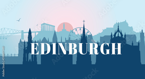 Edinburgh Skyline silhouette with landmarks. Flat vector illustration panorama of UK city architecture for banner or web site.