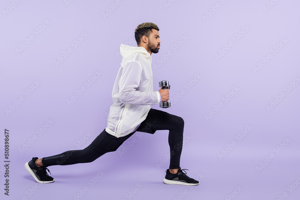 full length of bearded african american man doing lunges with dumbbells on purple. full length of bearded african american man doing lunges with dumbbells on purple.