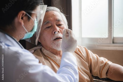 senior elderly patient person visit doctor for health care checkup at hospital, health insurance medical care concept, old man having disease and making medicine help support by nurse at clinic