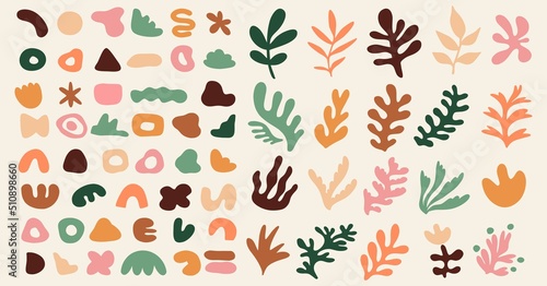 Big set of various abstract shapes and plants in pastel colors. Hand drawn doodles. Modern fashion illustration. Flat design, cartoon drawing, vector.