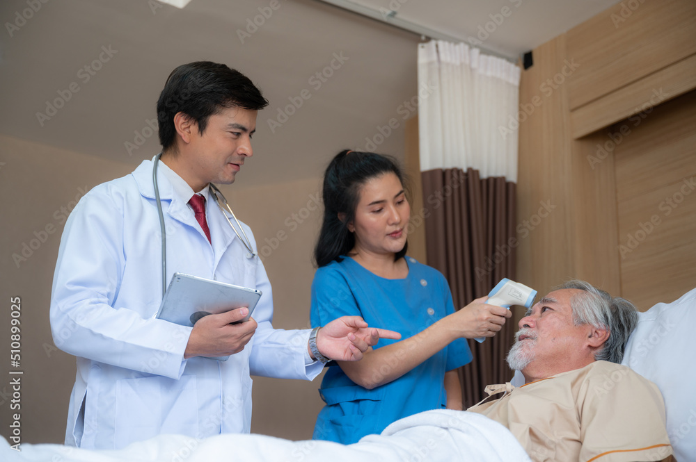 senior elderly patient person visit doctor for health care checkup at hospital, health insurance medical care concept, old man having disease and making medicine help support by nurse at clinic senior elderly patient person visit doctor for health care checkup at hospital, health insurance medical care concept, old man having disease and making medicine help support by nurse at clinic