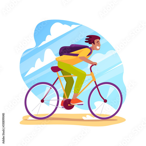 Going to school by bike isolated cartoon vector illustration.
