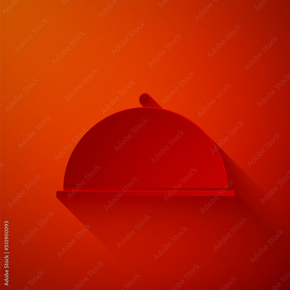 Paper cut Covered with a tray of food icon isolated on red background. Tray and lid. Restaurant cloche with lid. Kitchenware symbol. Paper art style. Vector Illustration Paper cut Covered with a tray of food icon isolated on red background. Tray and lid. Restaurant cloche with lid. Kitchenware symbol. Paper art style. Vector Illustration