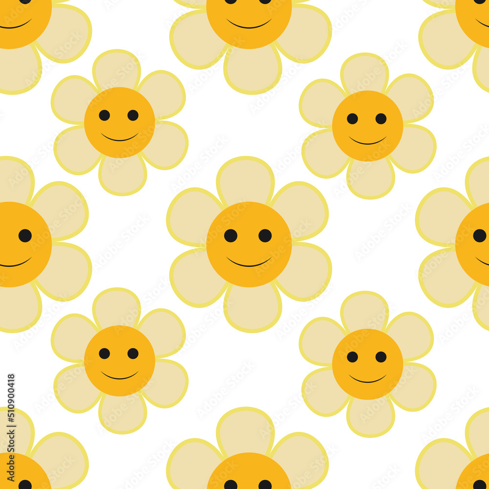 Fototapeta premium Colorful seamless pattern in geometric style with ditsy flowers. Groovy and fun vector print with smiled faces in chamomile flowers, cartoon style. Retro and hippie aesthetic, love and peace