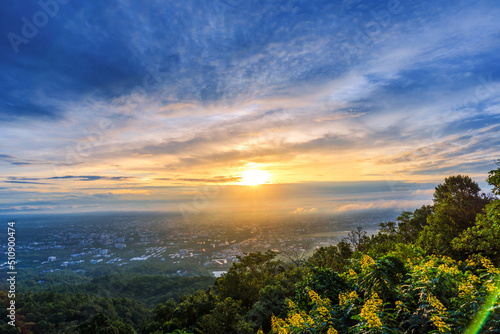 aerial view landscape of DOI SUTHEP mountain at morning with sea of mist in sunrise sky , Chiangmai ,Thailand
