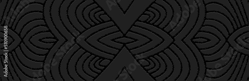 Banner, cover design. Geometric relief 3D pattern on a black background in art deco style. Ethnic, tribal ornaments of East, Asia, India, Mexico, Aztecs, Peru for brochure, booklet, flyer, website.