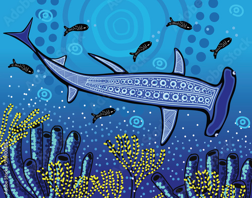 Aboriginal art vector painting with hammerhead shark
