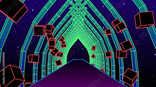 Fotografia Neon corridor with wireframe shapes in 80s synthwave style