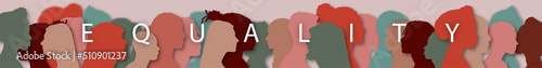 Word - Equality. Silhouette profile group of men and women of diverse culture. Diversity multi-ethnic and multiracial people. Concept of racial equality and anti-racism. Multicultural society.