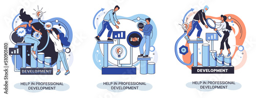 Help in professional development metaphor. Qualified employee training program. Refresher course. Human resource management organization. Business education workshop. School personality growth in team