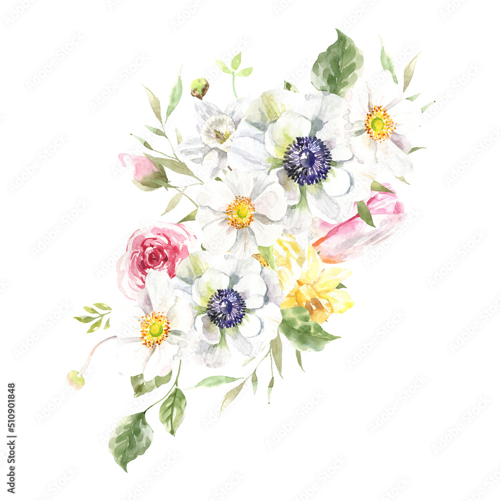 Watercolor spring floral bouquet illustration, Easter flowers arrangement, tulip,anemone,rose wreath, frame, for wedding stationery, nursery decor, greenery botanical save the date, baby shower diy