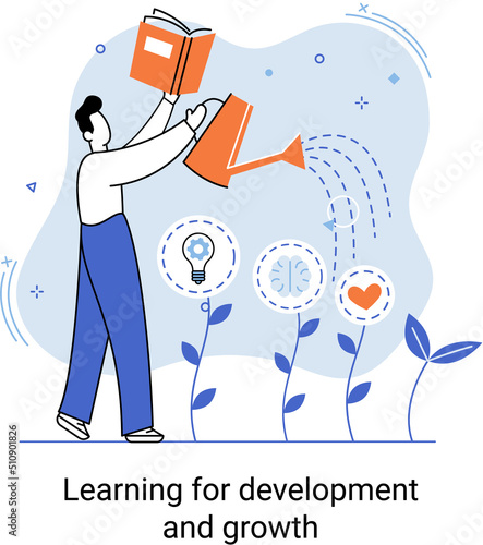 Learning for development and growth. Self improvement, rise mindset, new knowledge, improve creativity for business problem concept, smart businessman using watering can to water growing seedling