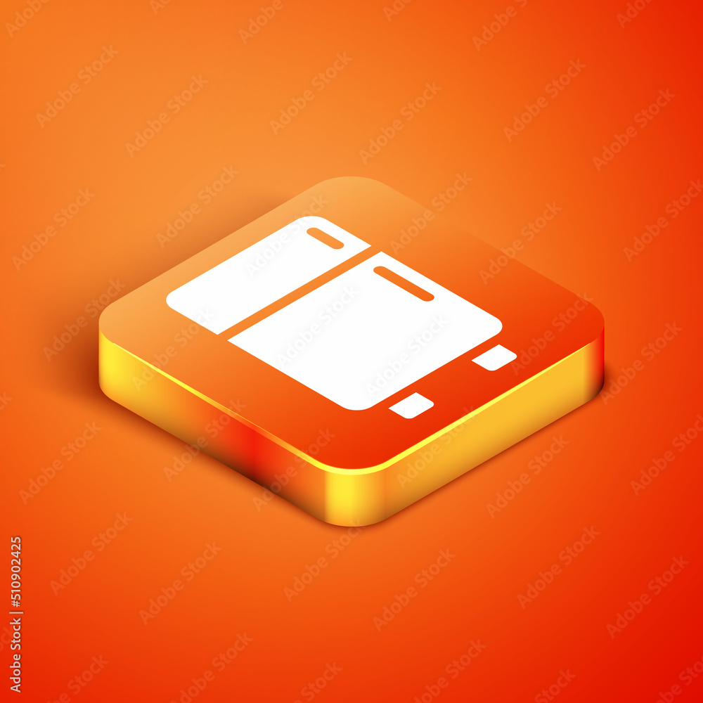 Isometric Refrigerator icon isolated on orange background. Fridge freezer refrigerator. Household tech and appliances. Vector Isometric Refrigerator icon isolated on orange background. Fridge freezer refrigerator. Household tech and appliances. Vector