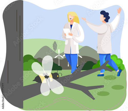Observation of insects in wild. Ecologists scientists conduct research, take care of butterfly in nature. Researcher study flora, fauna and environment. Professional ecological activist makes notes