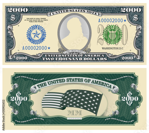 Fictional template obverse and reverse of US paper money. Two thousand dollars banknote. Empty oval and guilloche frames. Wavy striped stary flag. James Abram Garfield