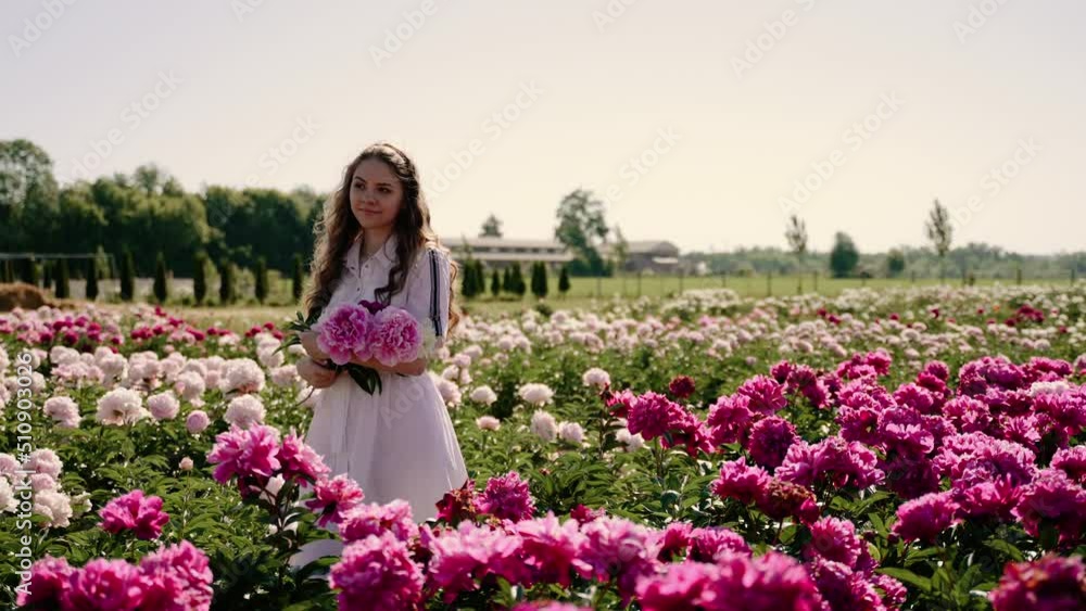 Happy young sexy girl standing in the middle of a flower field holding a peony bouquet. Single woman in white dress resting on pink background enjoying summer day. Happy young sexy girl standing in the middle of a flower field holding a peony bouquet. Single woman in white dress resting on pink background enjoying summer day.