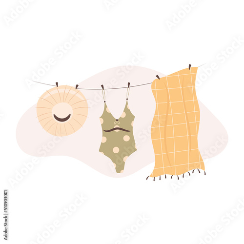 Straw hat, swimsuit and a towel hanging on the rope. Beach summer days illustration.