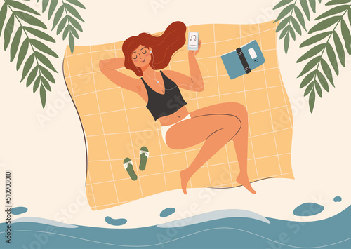 Woman lying on the beach and listening music on the player. Self time concept illustration