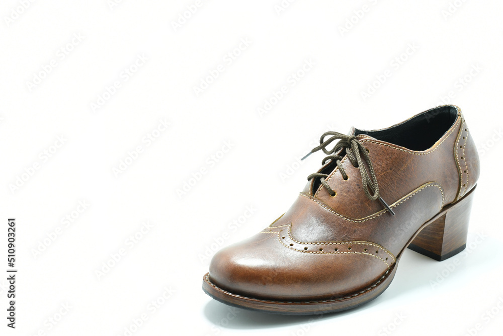 Zapato de cuero color cafe. Calzado de tacon bajo sobre fondo blanco, espacio para texto al lado izquierdo. Zapato de cuero color cafe. Calzado de tacon bajo sobre fondo blanco, espacio para texto al lado izquierdo.