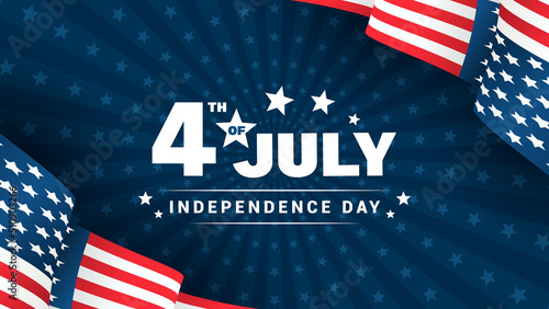 4th of July Independence Day greeting card vector illustration. USA flag frame on navy blue star rays background