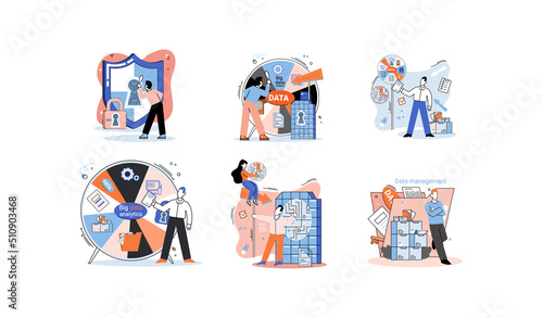 Big data analytics platform, data management and protection creative metaphor set abstract concept. Data center room disk infrastructure business information safety. Technology Internet and network