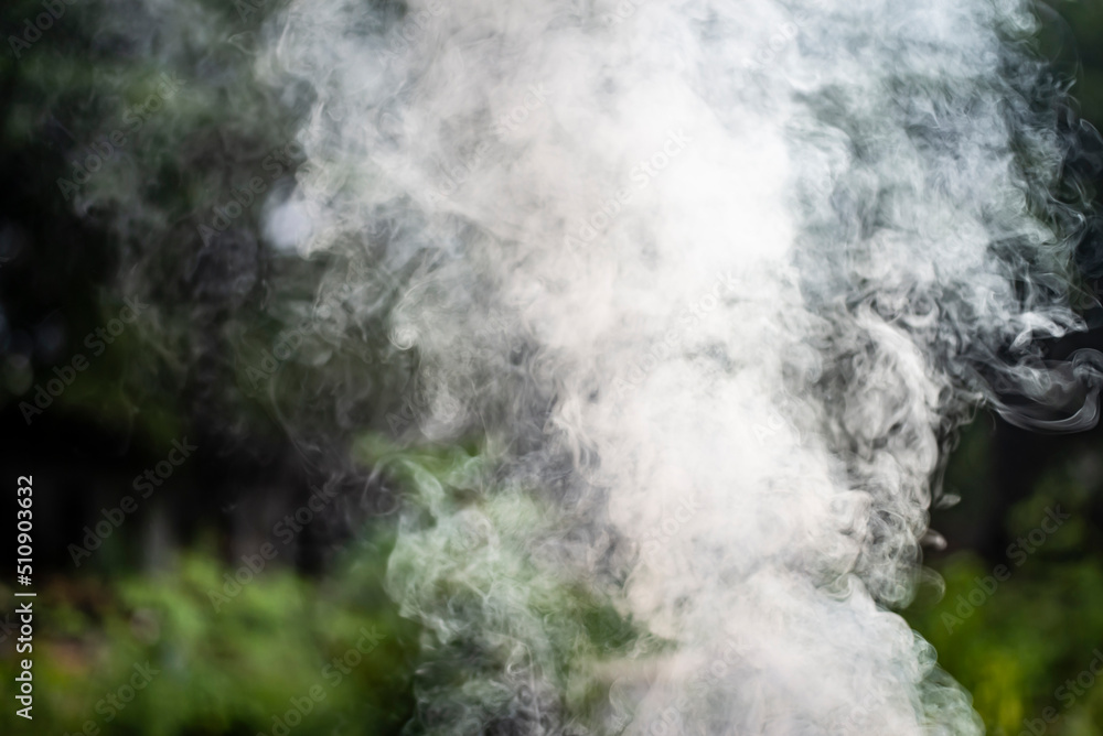 White smoke against a natural black and green background.