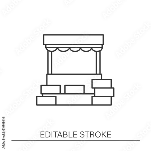  Crafts stand line icon. Stand for selling farming products. Furniture for stores. Stall fair concept. Isolated vector illustration. Editable stroke