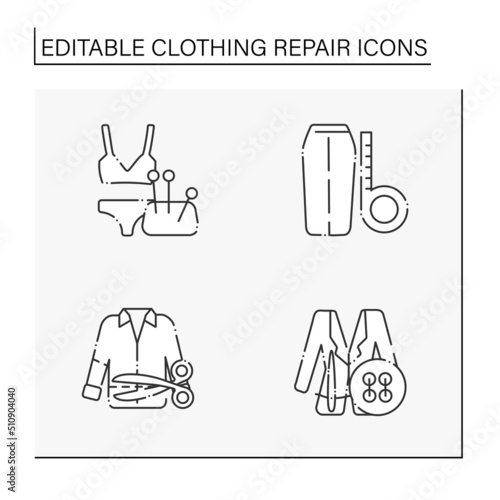 Clothing repair line icons set. Correct and trim length in women underwear, midi skirt, blazer and oversized shirt. Fashion concept. Isolated vector illustrations. Editable stroke