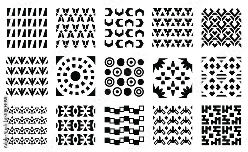 Black and white pattern set. Seamless, repeating pattern swatches. Simple monochrome geometric patterns. Vector geometric pattern templates collection.