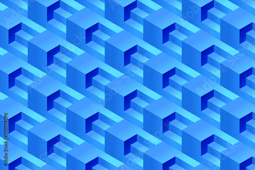 Abstract geometric vector background with cubes and stairs. 3D rendering  isometric projection of blue cubes and stairs.