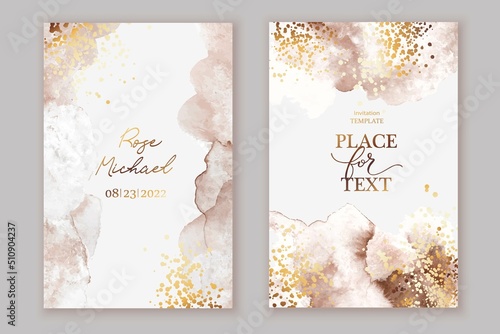 Elegant marble, stone  texture. Watercolor, ink vector background with brown,  grey,  beige for cover, invitation template, wedding card, menu design. Golden goil lines, crack, stone veins. 