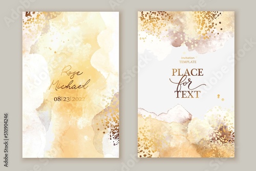 Elegant marble, stone  texture. Watercolor, ink vector background with brown,  grey,  beige for cover, invitation template, wedding card, menu design. Golden goil lines, crack, stone veins. 