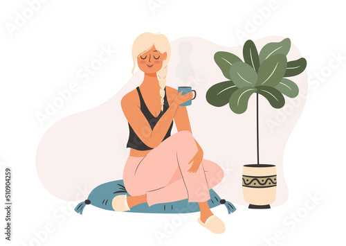 Woman is sitting on the floor and drinking coffee. Self time concept illustration