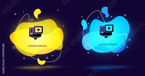 Black Action extreme camera icon isolated on black background. Video camera equipment for filming extreme sports. Abstract banner with liquid shapes. Vector