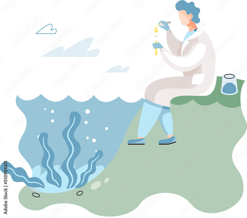 Laboratory assistant conducts experiments with water life studies environment underwater inhabitants. Ecological researcher analyzing chemical indicators in river. Analyzes flora and fauna in habitat