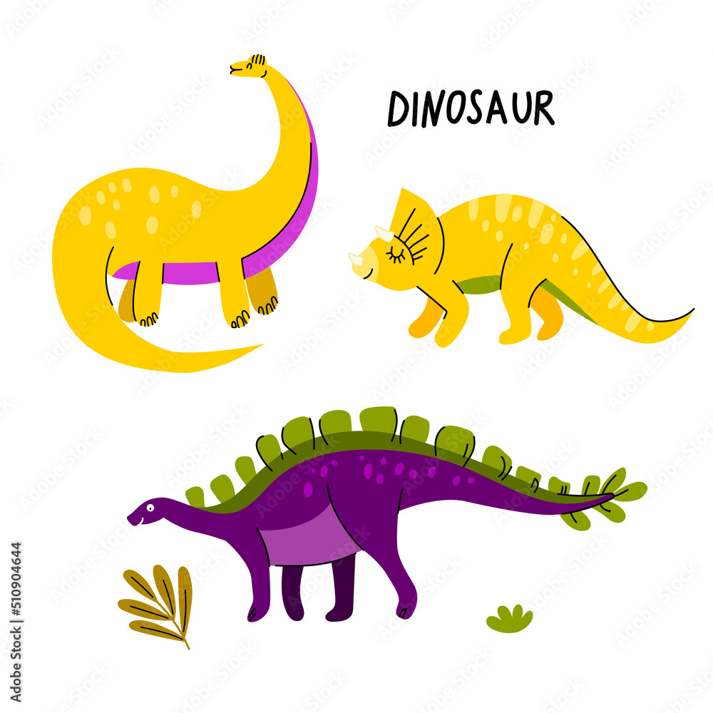 Naklejka premium Collection of cute dinosaurs, triceratops, diplodocus, stegosaurus. Plants. Flat design. Isolated