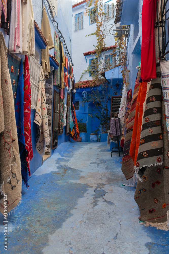 sale of typical objects in the blue streets in the city of Chefchaouen, Morocco