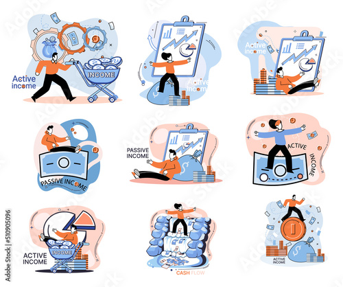 Active and passive income concept. Idea of financial growth and development with investments, interest on deposits, dividends. Metaphor illustrations about earnings, profit, cash and money flow