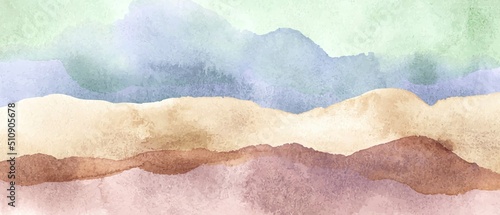 Watercolor abstract background with colorful waves. Pale, soft colors. Beige, brown, yellow, green textures.